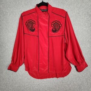 Della Roufogali Shirt Womens 10 Silk Embroidered Western Paisley Beaded Vintage